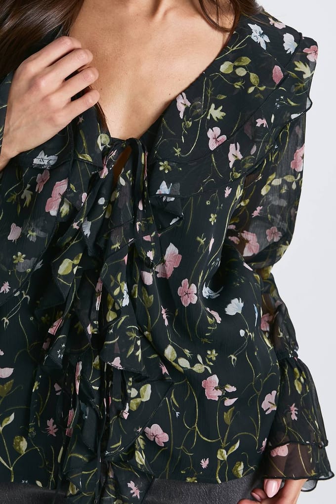 boohoo Dames Florale chiffon blouse met ruches | Black | Maat: 6