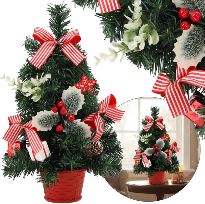 KLEINE Kunstkerstboom, rood met hulst in pot, VERSIERD 40 cm