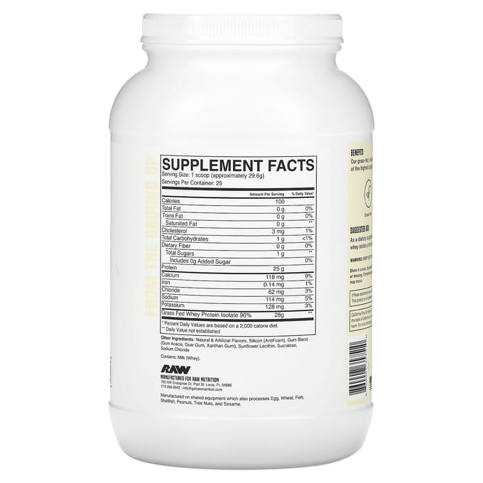 Raw Nutrition, Isolat de Protéine de Whey Nourri à l'Herbe, Vanille, 1,63 lb (740g)