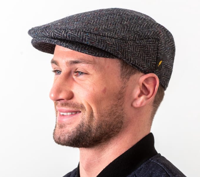 Hatman of Ireland Traditional Flat cap 100% Donegal Tweed Blue / Grey Herringbone maat S (56/ 57cm)