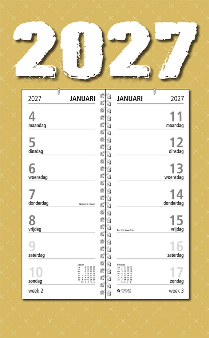 MGPcards - Omlegweekkalender 2027 - Week begint op maandag - 21 x 34 cm - Oker