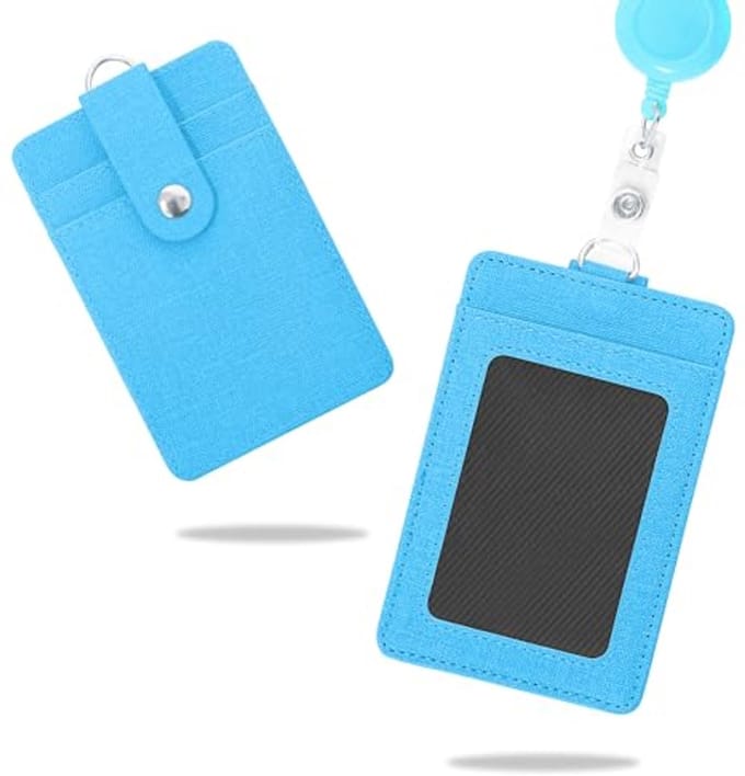 Retractable Lanyard ID Card Holder - Faux Leather Holder for 2 Cards in Sky Blue