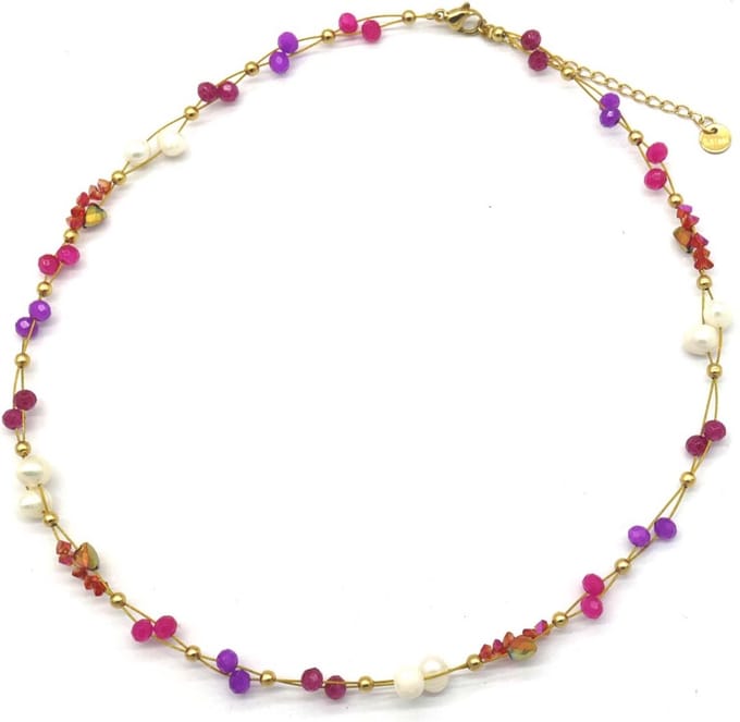 Ketting - Parels en Kralen - RVS - Lengte 39-45 cm - Paars