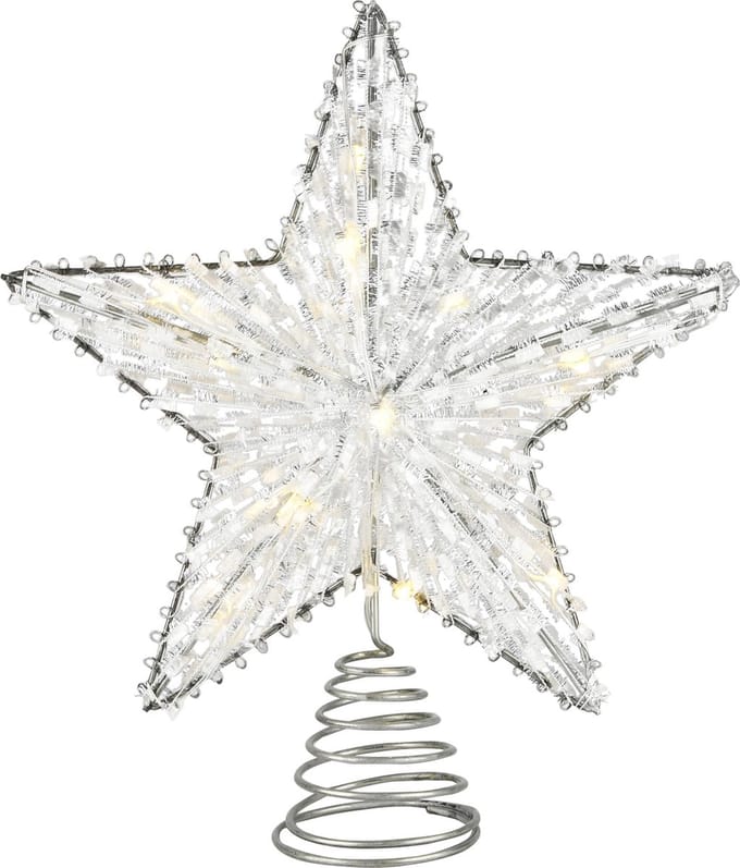 Dekoratief | Kerstboompiek ster, wit/zilver, rotan, LED, 25x5x25cm | A235180