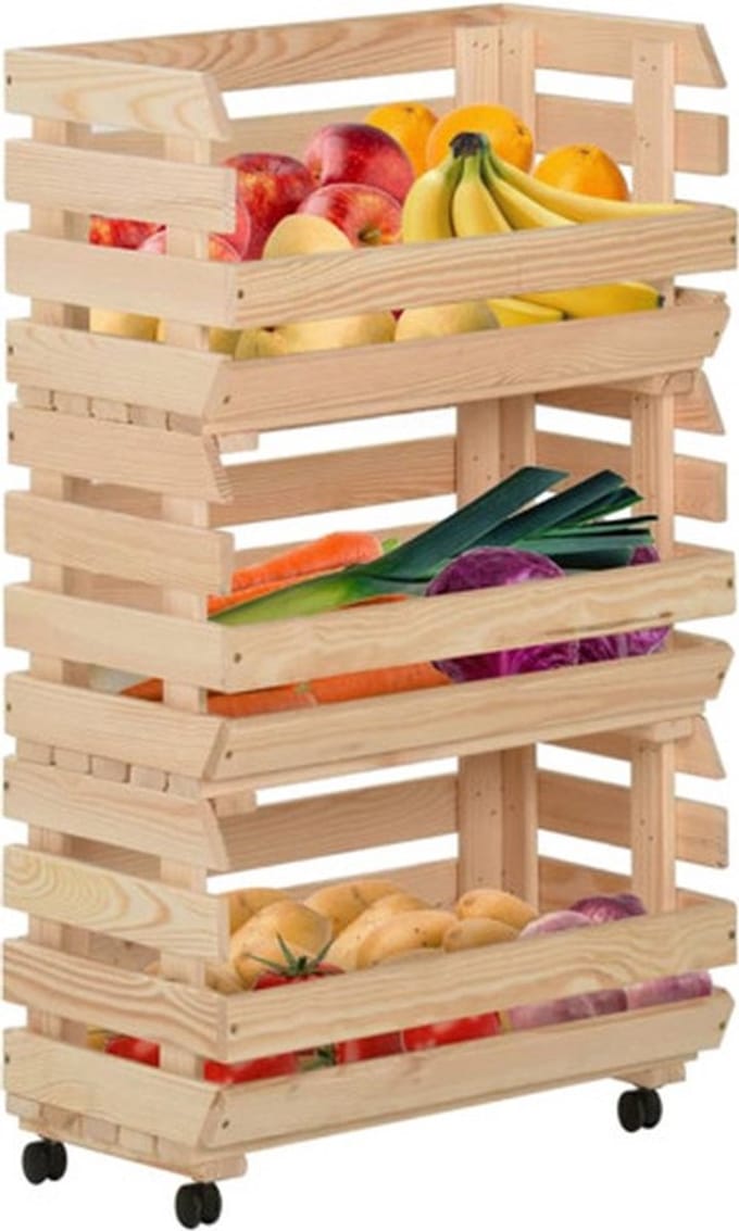 Groentetrolley - Massief Grenenhout - 37x30x80 cm - Met Opbergruimte