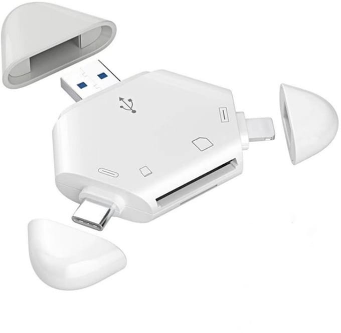 USB + 8-Pin + USB-C naar SD + Micro-SD (tf) kaartlezer adapter - cardreader - geschikt voor iPhone en laptop - wit