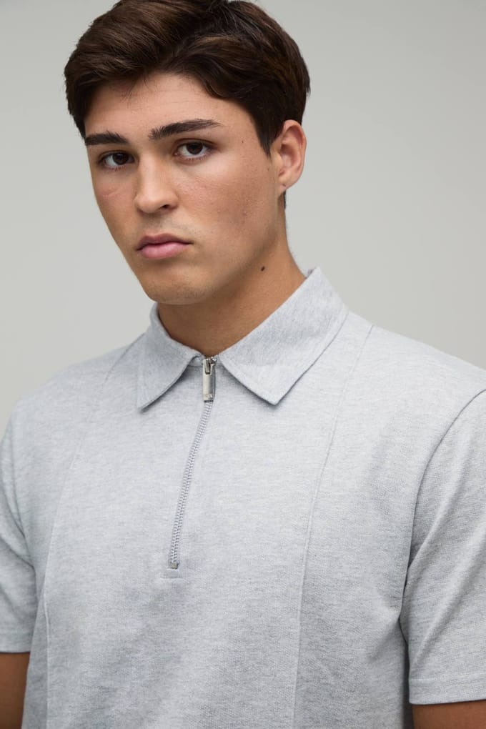 Regular Fit Polo En Short Set Met Naaddetail En 1/4 Rits | Grey Marl | Size Medium