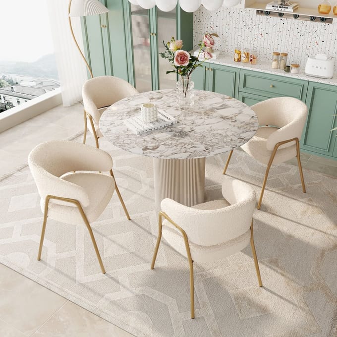 Eetkamerstoel - Set Van 4 - Lamsfluweel Eetkamerstoel Goud Design - Eetkamer Woonkamer - Fluweel Metaal - Wit Goud