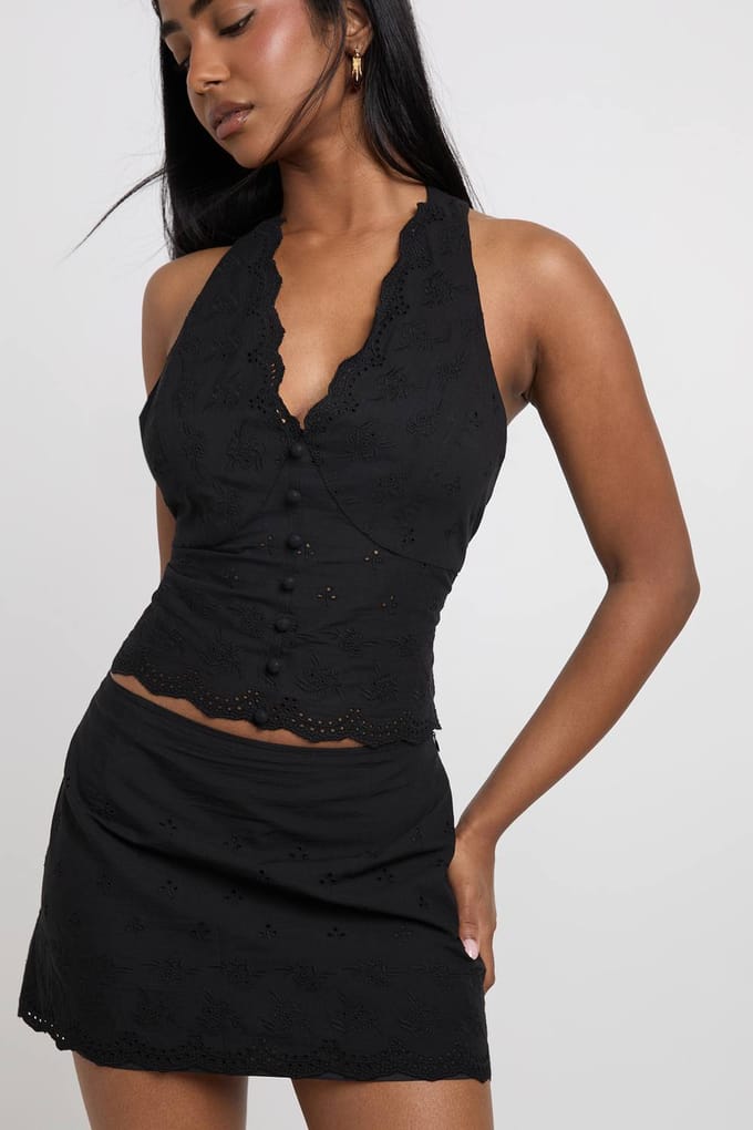 boohoo Dames Mini Rok Met Geschulpte Rand En Broderie Shift | Black | Maat: 8