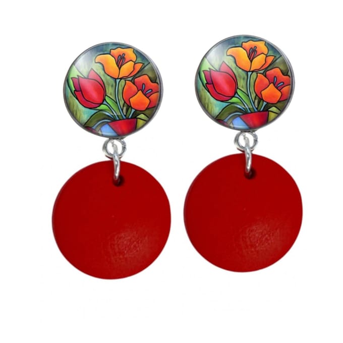 Clip oorbellen- Tulp- lang- rood -hout-geen gaatje- Charme Bijoux