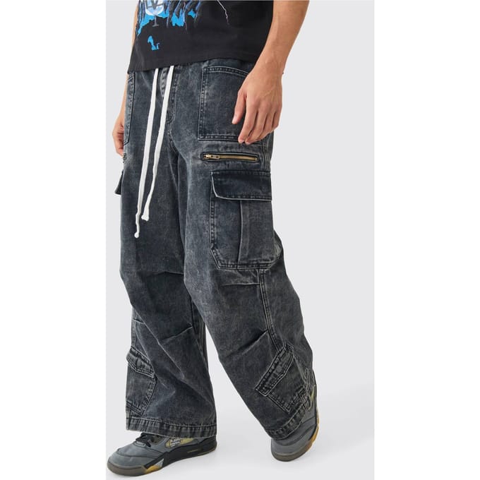 Elastische Taille Acid Wash Parachute Cargo Jeans in Zwart | Black | Size 34R