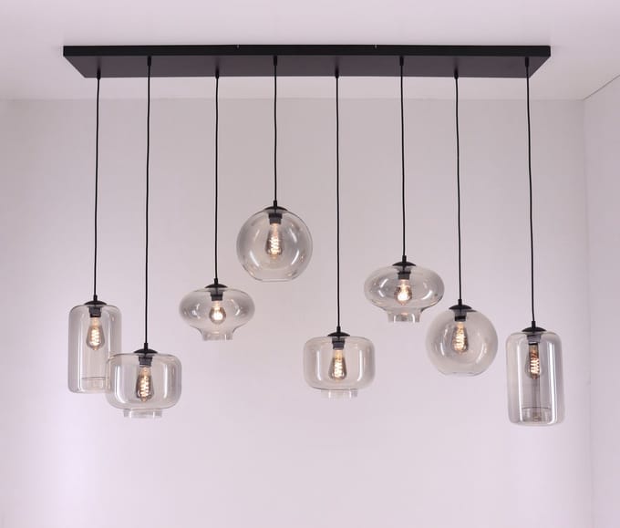 EEF hanglamp - getint grijs glas - glazen 8-lichts 165cm