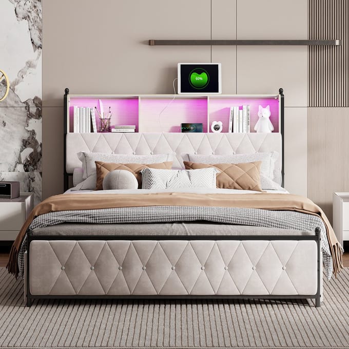 Velours Polsterbed 180x200 met LED & USB-C – Bedframe met Opbergruimte – Beige Kingsize Bed