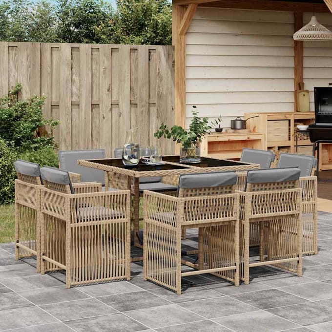 vidaXL - 9-delige - Tuinset - met - kussens - poly - rattan - gemengd - beige