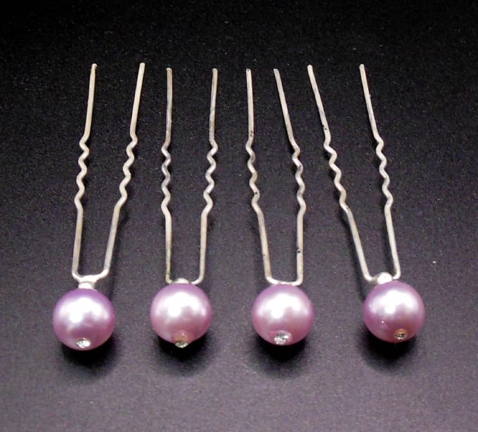 Haarpinnen parel violet kleur met strass steentje per 4 stuks.