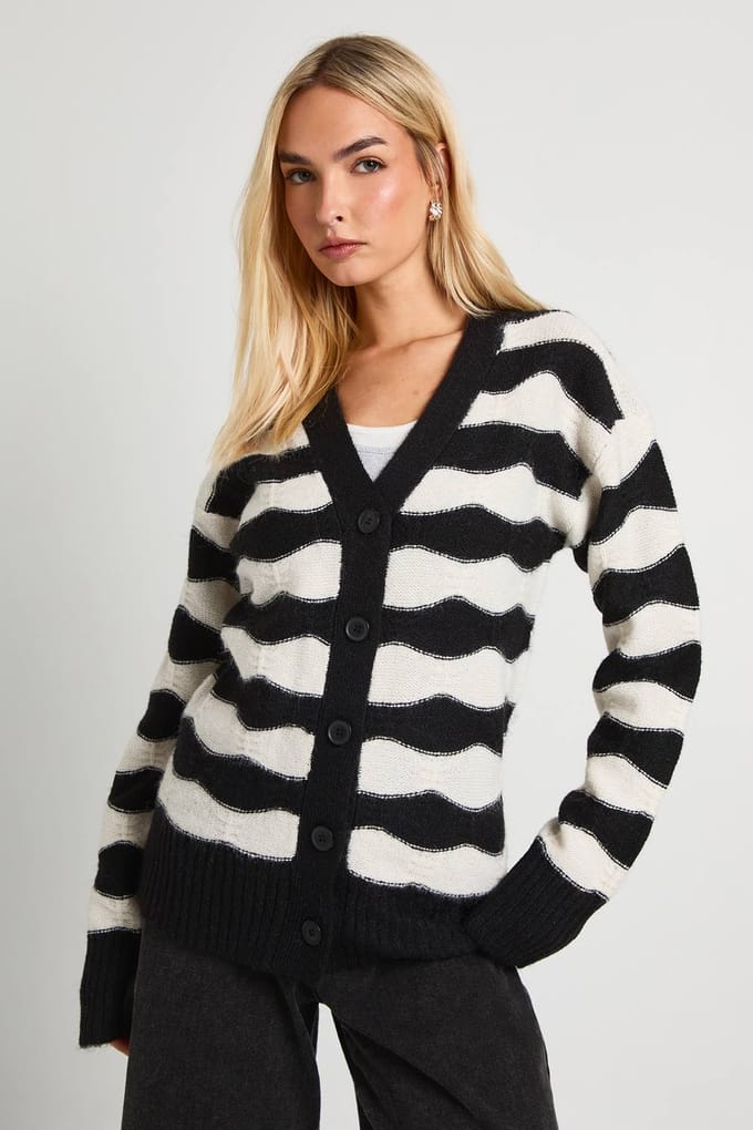 boohoo Dames Gestreepte oversized gebreide cardigan | Mono | Maat: Small