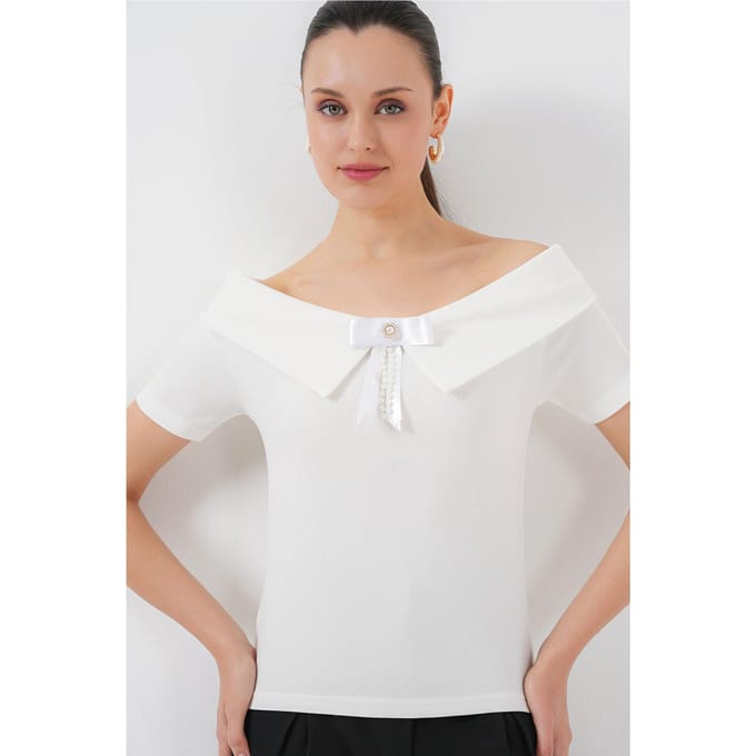Bootneck Geribde Blouse met Strik