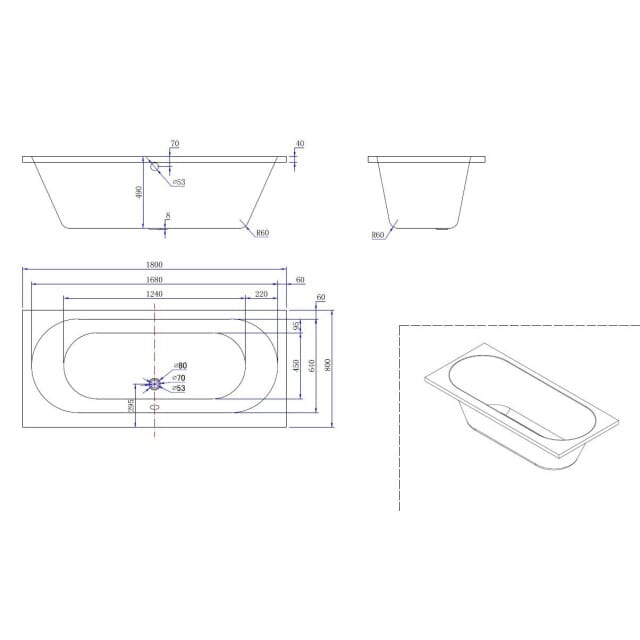 Vtw Living inbouwbad ligbad mat wit 180 80 cm