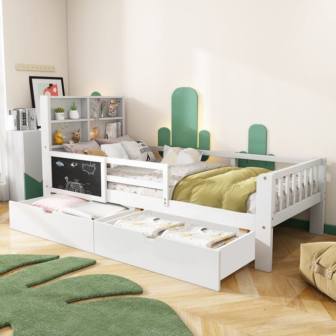 Sweiko Kinderbed - 90*200cm - met 2 lades - Schoolbord - Geen matras - Wit
