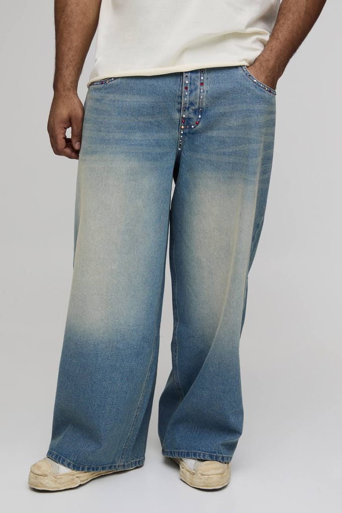 Plus Baggy Jeans Met Meerdere Zakken En Strass Afwerking | Vintage Blue | Size 42