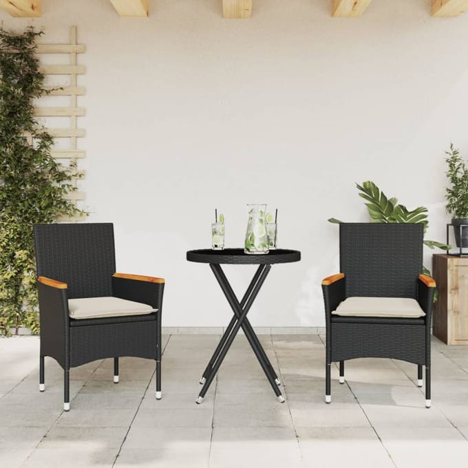 vidaXL - 3-delige - Bistroset - met - kussens - poly - rattan - en - glas - zwart