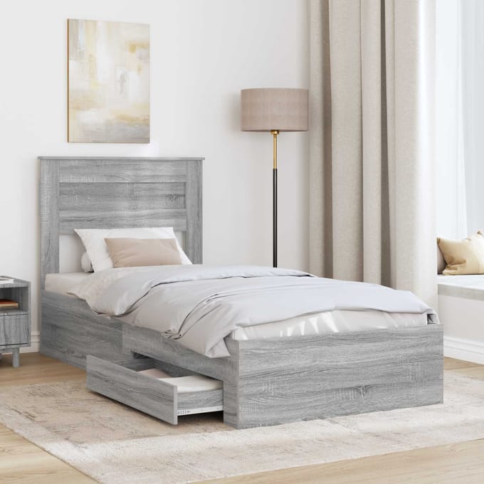 vidaXL - Bedframe - met - lade - Grijs - Sonoma - 90 - x - 190 - cm - Bewerkt - hout