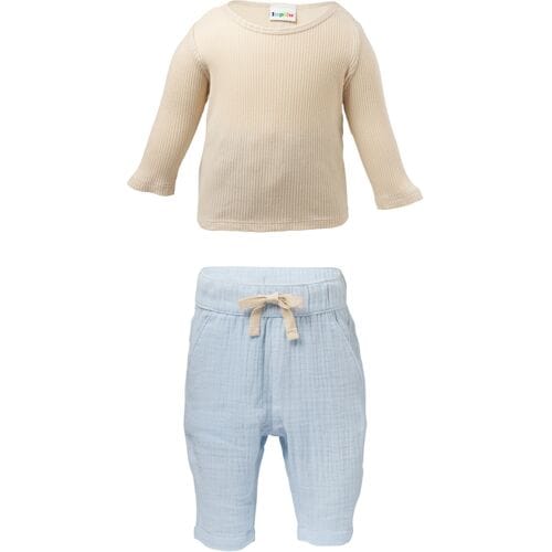 LUPILU Mousseline baby kledingset, 2-delig (Beige/blauw, 62-68)