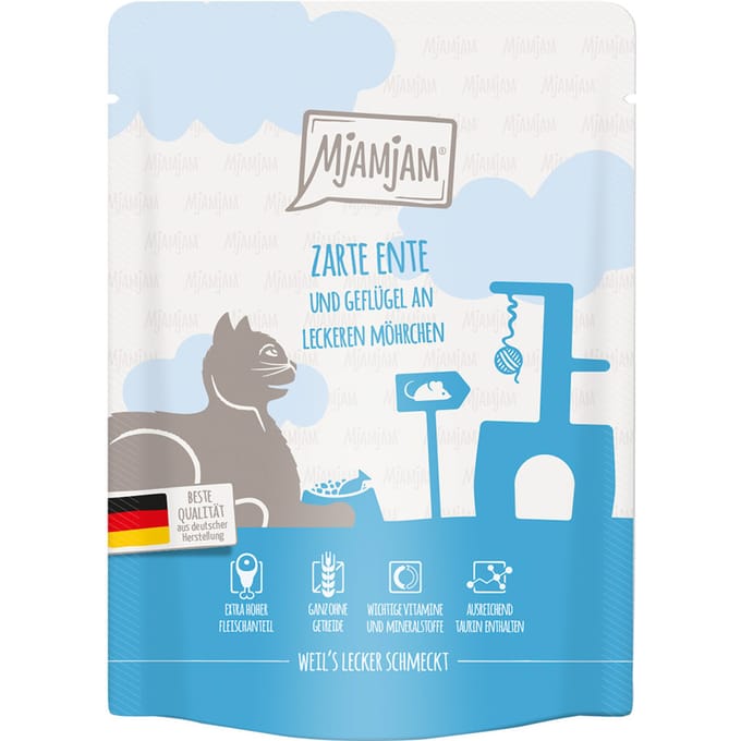 6x 300g MjAMjAM Squeeze malse eend & gevogelte met smakelijke wortelen nat kattenvoer