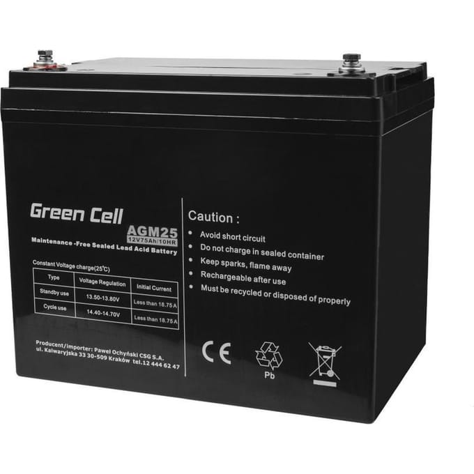Green Cell AGM25 - 12V 75Ah VRLA Battery | AGM | Maintenance-Free