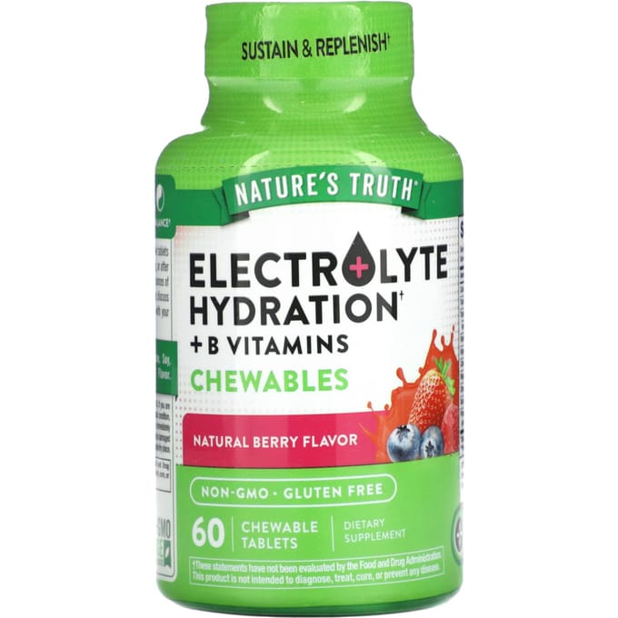 Nature's Truth, elektrolyten vochtaanvulling + kauwtablet met B-vitamines, natuurlijke bessensmaak, 60 kauwtabletten