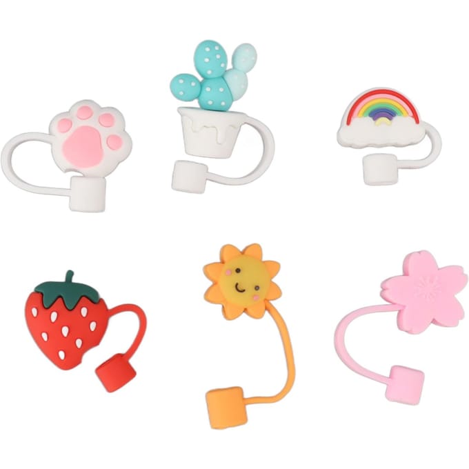 6 Pièces Bouchon de Paille Mignon Dessin Animé Réutilisable Toppers en Silicone Embouts à Boire Couvercles Bouchons Type B white