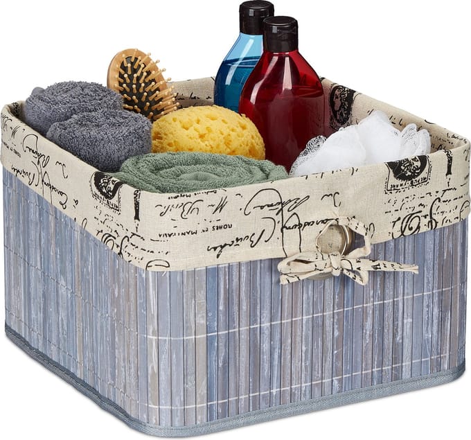 kastmand bamboe - 20 x 31 x 31 cm - handgrepen - badkamer - grijs-crème
