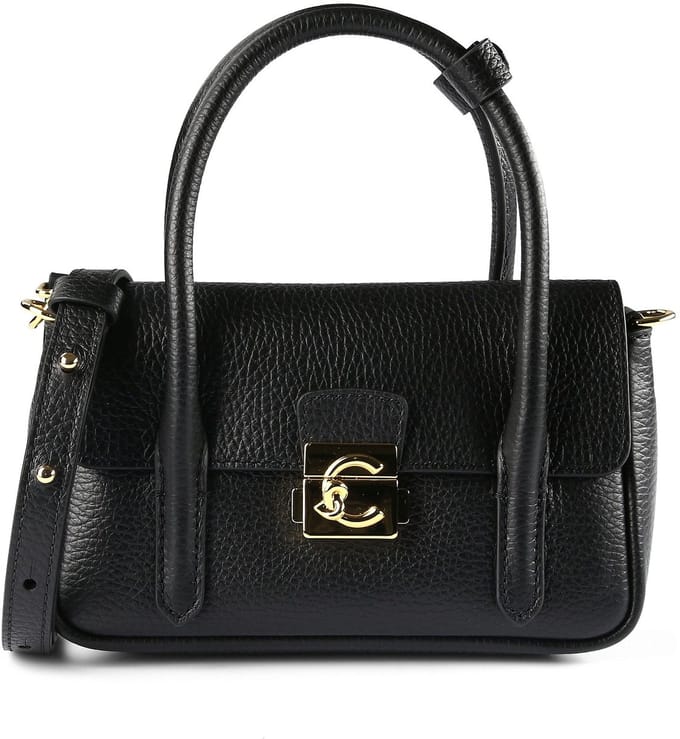 COCCINELLE Leren schoudertas handtas C-Me Lock Mini Bag Grained Leather Noir zwart
