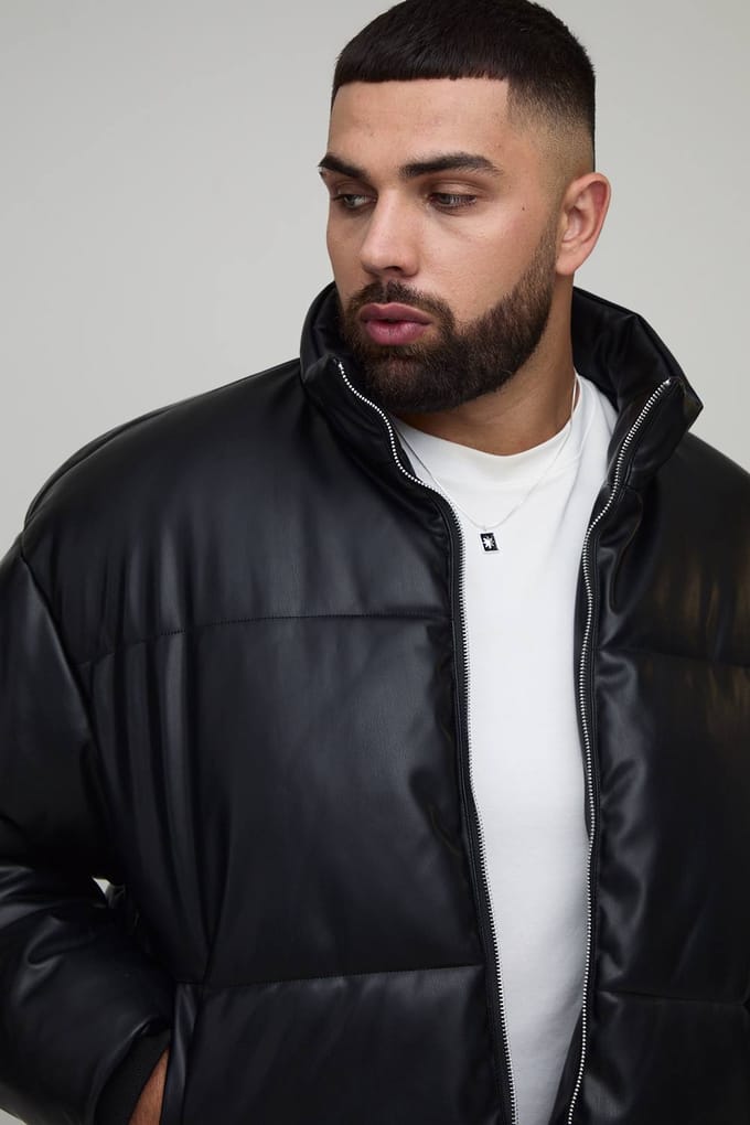 Plus Boxy Curved Hem PU Puffer Jacket | Black | Size 3XL