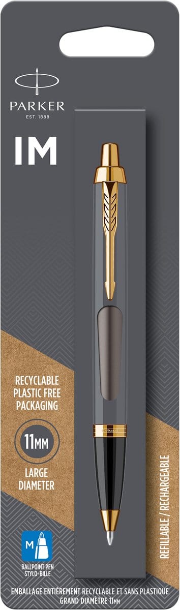 Parker IM Ballpoint Pen | Grey Lacquer with Gold Trims | Medium Point | Blue Ink Refill