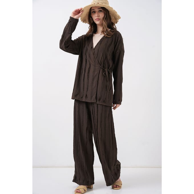 Geverfde V-hals met Strikdetail Kimono & Wijde Broek Set