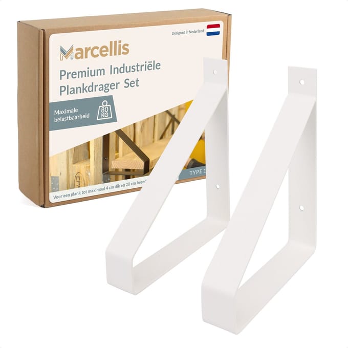 Marcellis - 2x Industriële plankdrager - Voor plank 20cm + schroefset - mat wit - staal - T1
