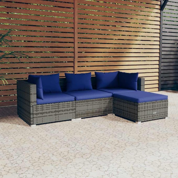 vidaXL - 4-delige - Loungeset - met - kussens - poly - rattan - grijs