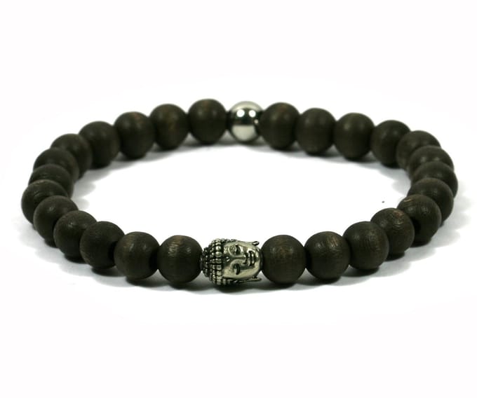 IbizaMen - heren armband - Bruin hout 8mm - buddha RVS - 19cm