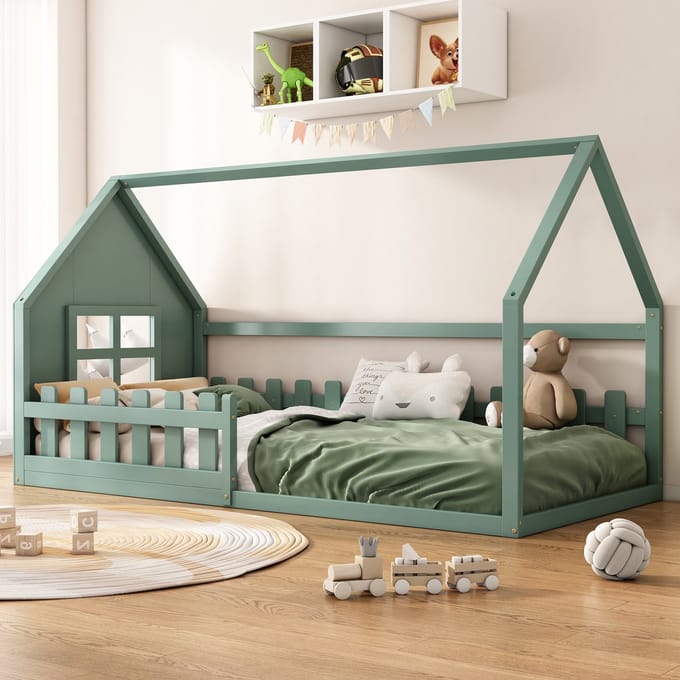 REDOM huisjesbed 90x200 cm – Groen – Grenenhout + MDF