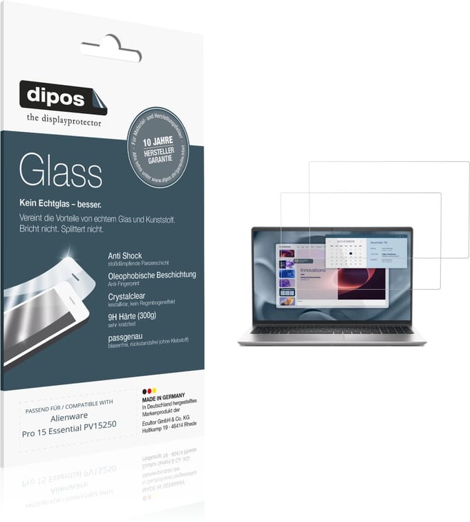 dipos – 2x Pantserfolie geschikt voor Alienware Pro 15 Essential PV15250 | 9H Screenprotector