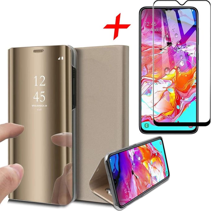 Hoesje geschikt voor Samsung Galaxy A70 - Screen Protector FullGuard - Book Case Spiegel Goud & Screenprotector