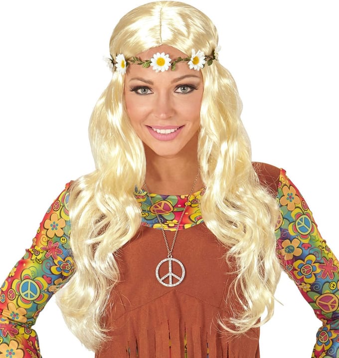 Blonde hippie pruik met margrietjes