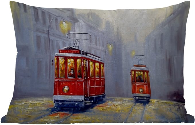 Buitenkussens - Tuin - Schilderij - Tram - Stad - Olieverf - 50x30 cm
