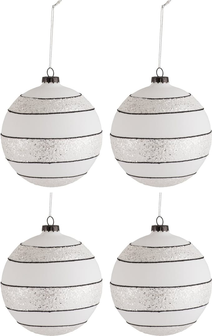 J-Line kerstbal Strepen/Glitter - glas - zwart/wit - large - doos van 4