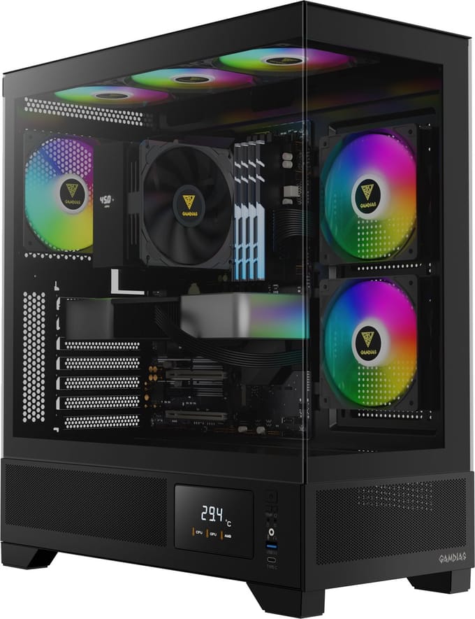 Gamdias Atlas M1 Aquarium Gaming Case met Temperatuur Display - Game PC / Computer Behuizing - aRGB / RGB LED Verlichting - Zwart