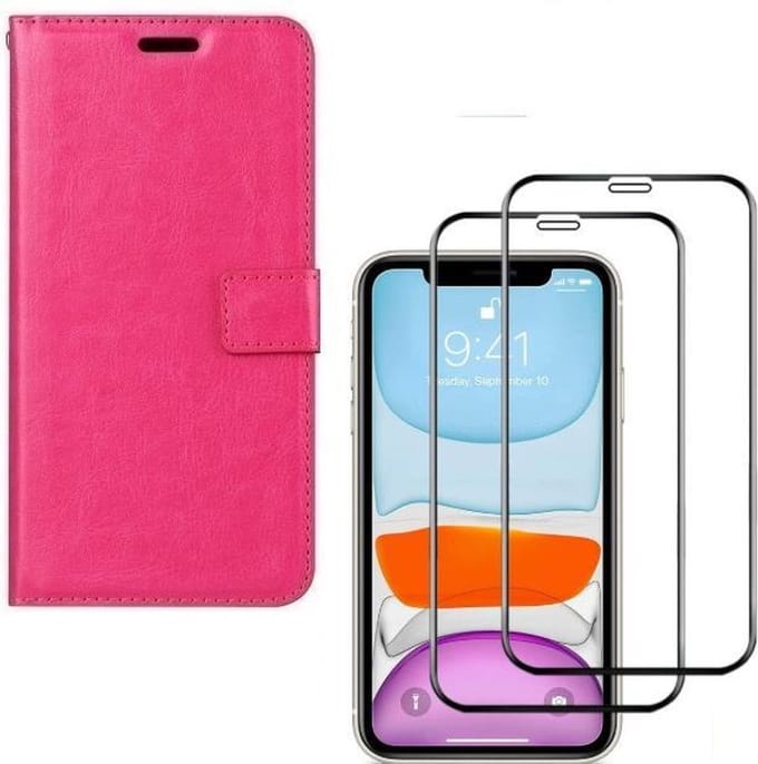 Bookcase Geschikt voor: iPhone 11 Pro - roze - portemonee hoesje + 2X Full cover Tempered Glass Screenprotector