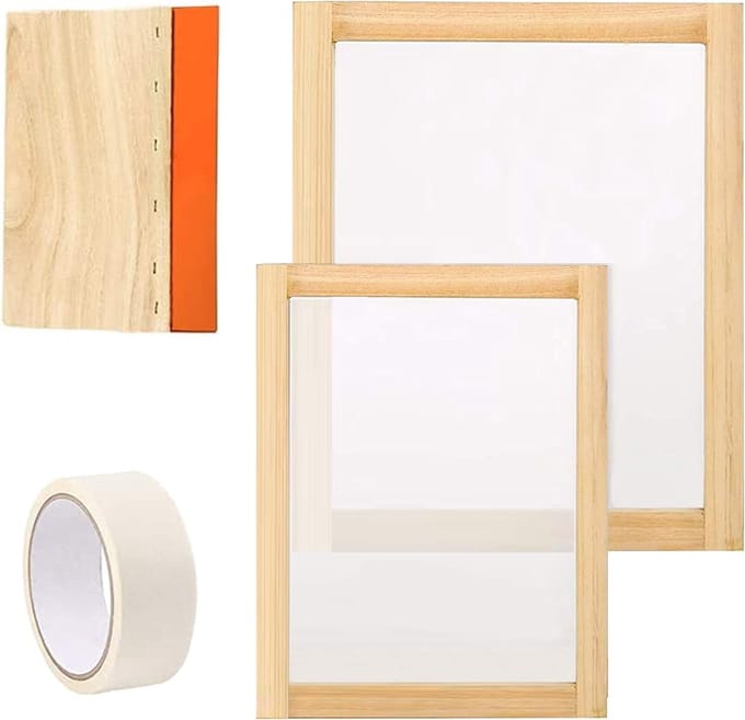 Screen printing set met 2 houten frames, zeefdrukrakkers en afplaktape voor creatieve projecten