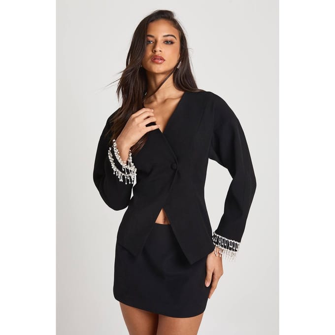boohoo Dames Pearl Diamante manchet ballonmouw blazer | Zwart | Maat: 36