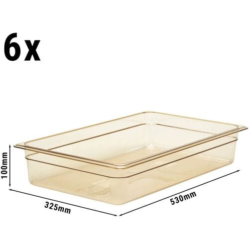 (6 stuks) CAMBRO H-PAN™ - Hittebestendige Gastronormbak 1/1 - Amber - Hoogte: 100mm